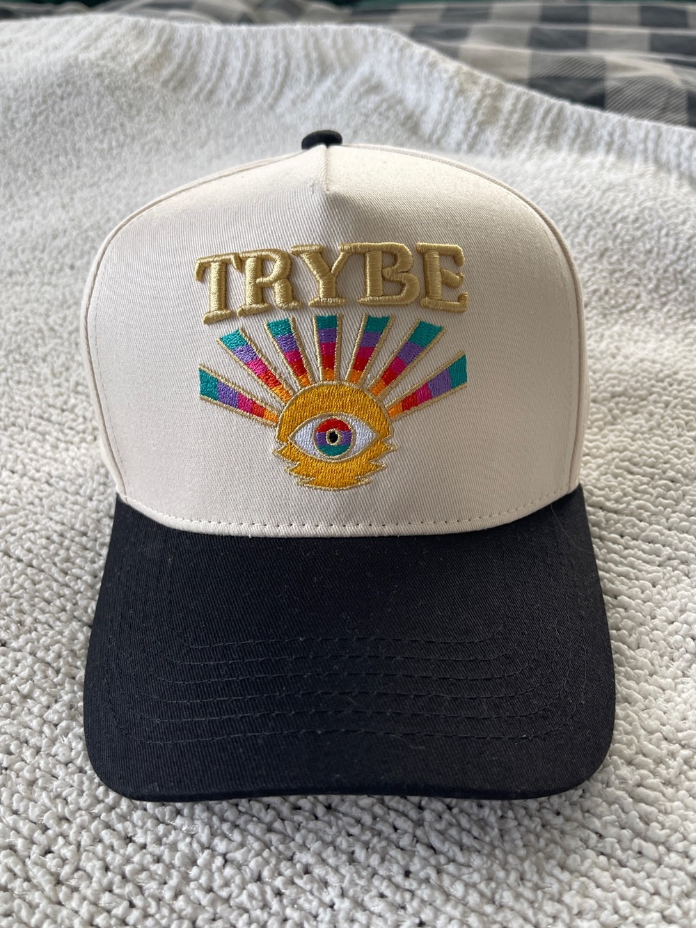 TRYBE Spirit of the Night Hat Embroidered Eye Snapback Cream Black Festival Cap
